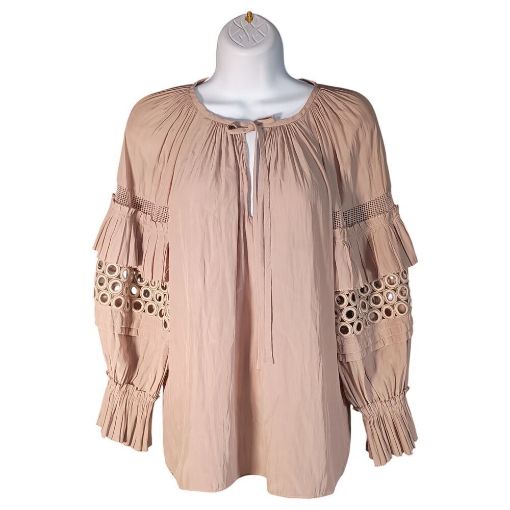 Ramy Brook Blouse Womens Small V-Neck Long Sleeve Beige Ruffle